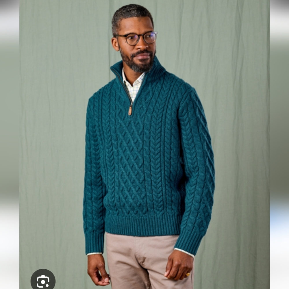 Joseph Turner Aran Half Zip Teal Cable Knit Jumper - L